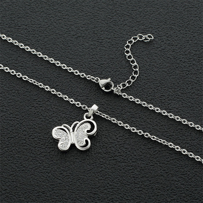 Cute Simple Style Butterfly Stainless Steel Copper Silver Plated Rhinestones Pendant Necklace In Bulk