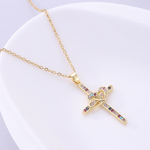 Streetwear Cross Heart Shape Stainless Steel Copper Plating Inlay Zircon 18K Gold Plated Pendant Necklace