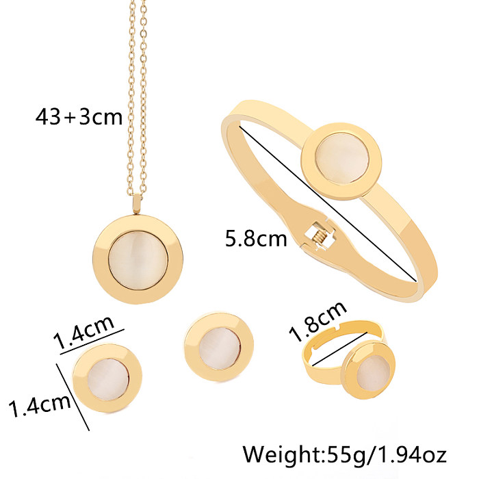 Lady Korean Style Geometric Titanium Steel Inlay Opal Rings Earrings Necklace