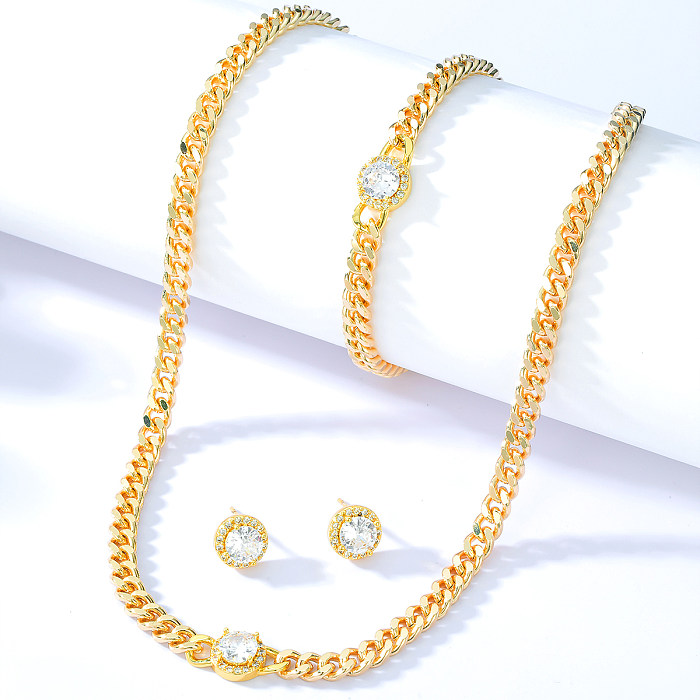 أزياء بسيطة النحاس مطلي 18K الذهب الزركون الأذن مسمار قلادة سوار مجموعة 3 قطعة