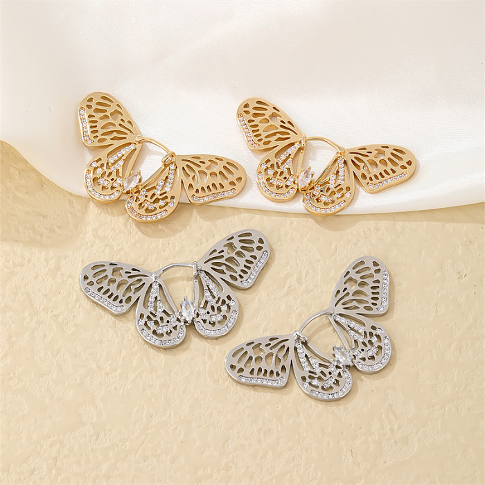 1 Paar süße glänzende Schmetterlingsplattierungs-Inlay-Kupfer-Zirkon-vergoldete Ohrringe im IG-Stil