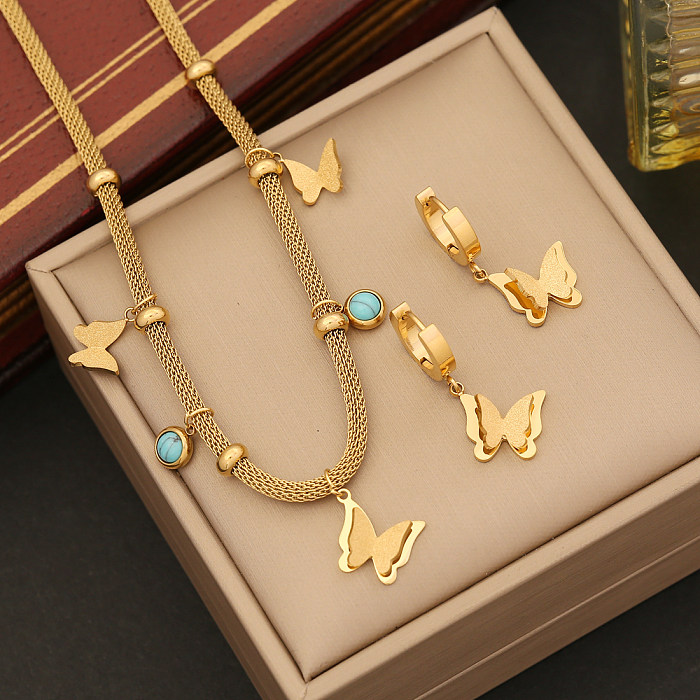 Bohemian Simple Style Animal Butterfly Stainless Steel Plating Hollow Out Inlay Turquoise Bracelets Earrings Necklace