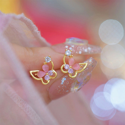 1 Pair Cute Sweet Butterfly Plating Inlay Copper Opal Zircon 14K Gold Plated Ear Studs
