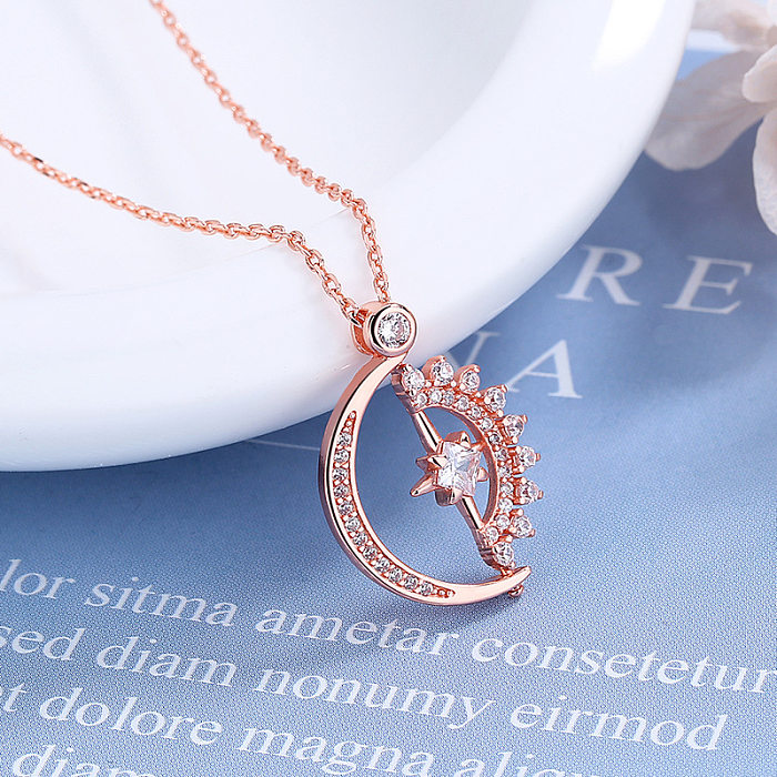 Fashion Star Moon Copper Inlay Zircon Pendant Necklace 1 Piece