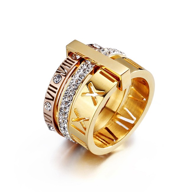 Anel de moda de duas cores com letras romanas cravejado de diamantes, joias por atacado