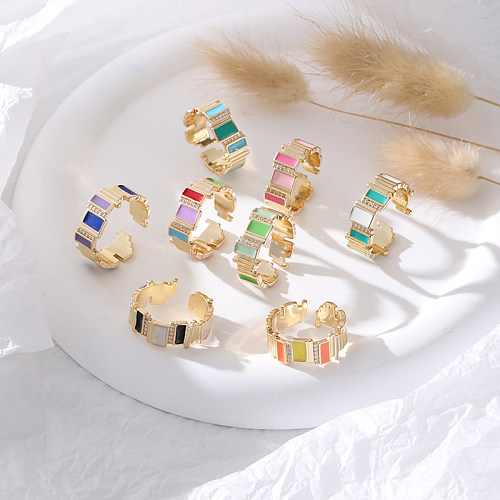 Anillos abiertos de diamantes de imitación con incrustaciones de esmalte de cobre geométrico de viaje de estilo simple