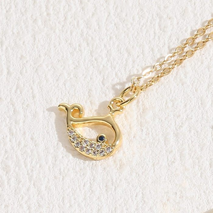 Cute Sweet Penguin Dolphin Heart Shape Copper Plating Inlay Zircon 14K Gold Plated Pendant Necklace