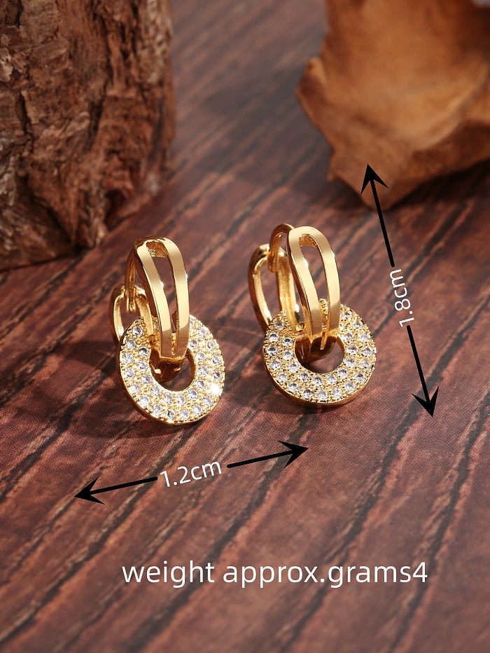 1 paire de boucles d'oreilles pendantes en cuivre et Zircon plaqué or 18 carats, Style simple et basique, cercle de transport ajouré