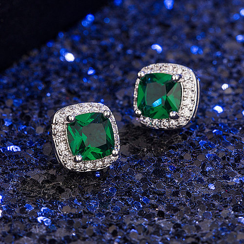 Modische, quadratische, diamantbesetzte Zirkon-Smaragd-Kupfer-Ohrringe