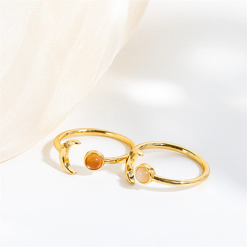 Estilo retro simples estilo clássico estrela lua cobre esmalte incrustado opala anel aberto banhado a ouro