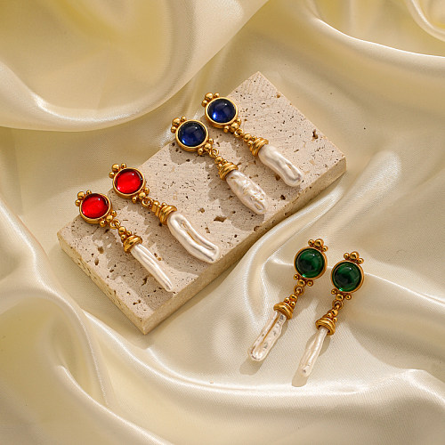 1 Paar schlichte Pendelohrringe mit unregelmäßiger runder Perlenbeschichtung, Kupferglas, 18 Karat vergoldet