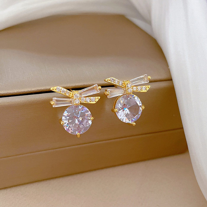 Elegant Shiny Round Titanium Steel Plating Inlay Rhinestones Earrings Necklace