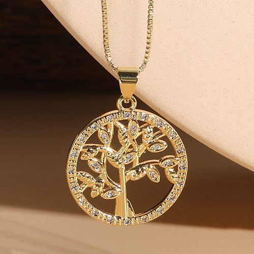 Elegant Luxurious Classic Style Portrait Tree Heart Shape Copper Plating Inlay Zircon 14K Gold Plated Pendant Necklace