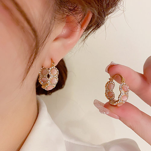 1 paire de boucles d'oreilles élégantes et géométriques, couleur unie, plaqué cuivre opale Zircon plaqué or 14 carats