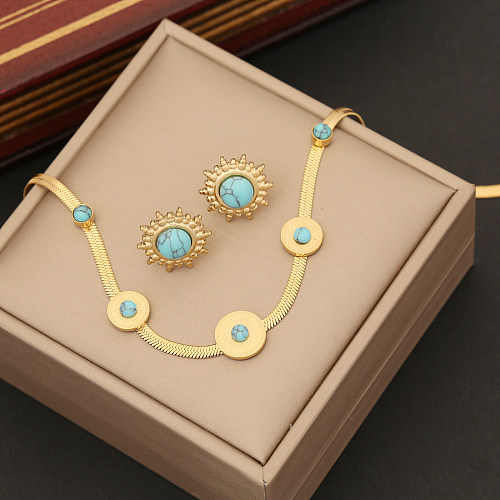 Retro redondo de aço inoxidável inlay turquesa pulseiras brincos colar
