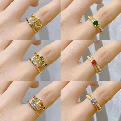 Simple Style Geometric Crown Copper Plating Inlay Artificial Pearls Zircon Open Ring