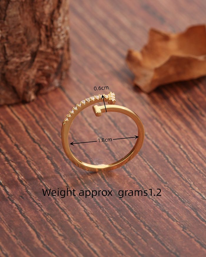 Casual Simple Style T Shape Copper Plating Inlay Zircon 18K Gold Plated Open Ring