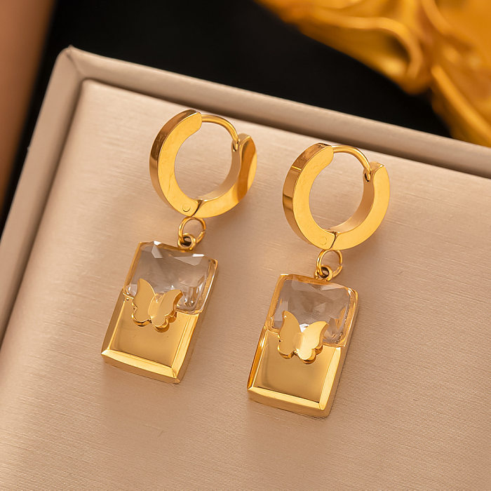 Vintage Style Simple Style Human Square Butterfly Titanium Steel Plating Inlay Zircon 18K Gold Plated Earrings Necklace