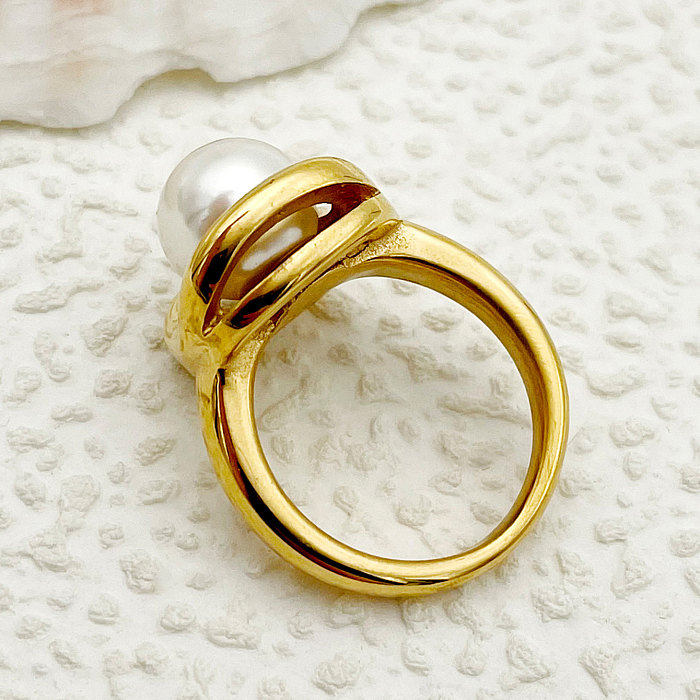 Simple Style Round Stainless Steel Plating Inlay Artificial Pearls Gold Plated Rings