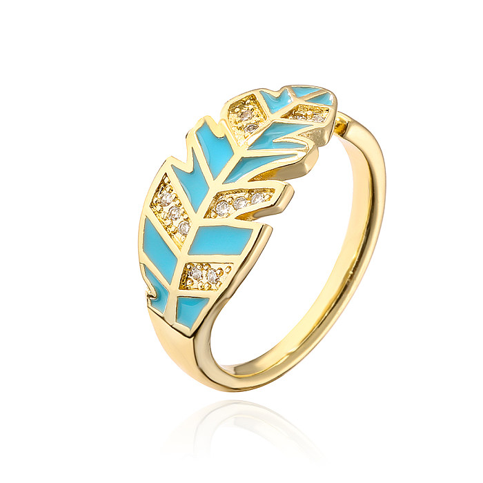 Fashion Leaf Copper Enamel Gold Plated Zircon Open Ring 1 Piece
