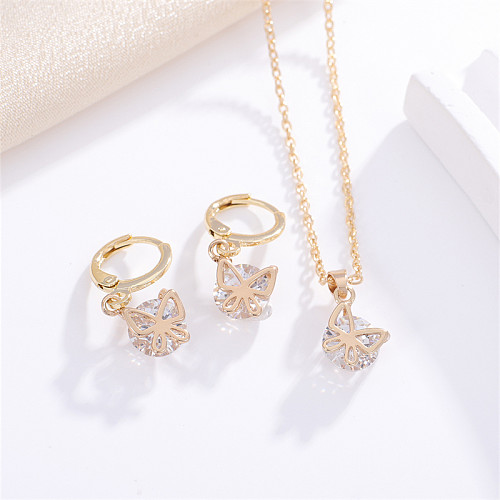 Casual Hip-Hop Shiny Butterfly Skull Copper Inlay Zircon Earrings Necklace