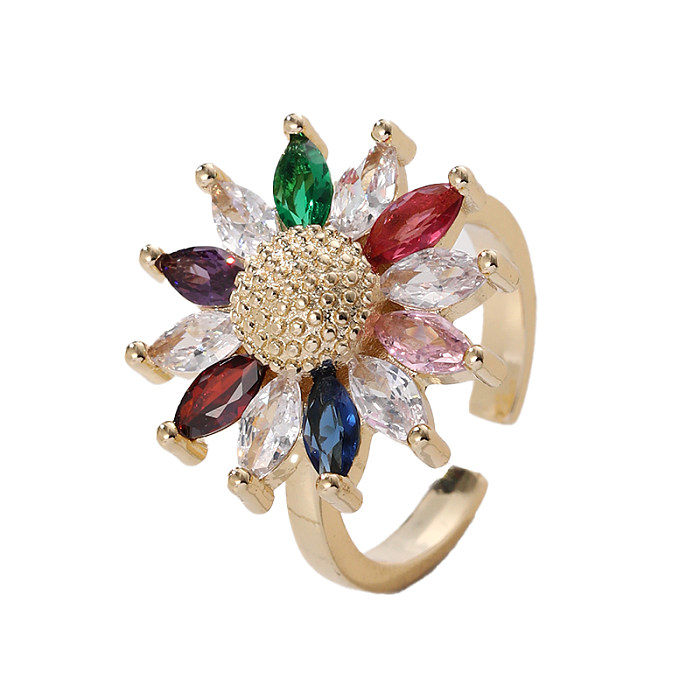 Anéis abertos de zircão com incrustações de cobre flor retrô streetwear