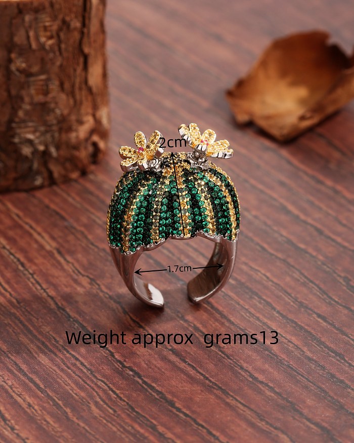 Luxurious Tropical Modern Style Cactus Flower Copper Plating Inlay Zircon 18K Gold Plated Open Ring