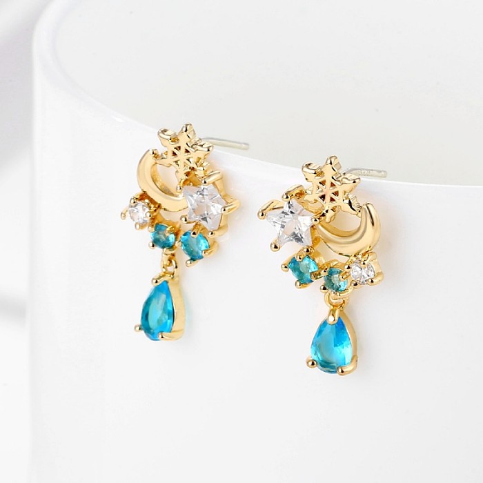 1 Pair Simple Style Star Water Droplets Snowflake Inlay Copper Zircon Drop Earrings