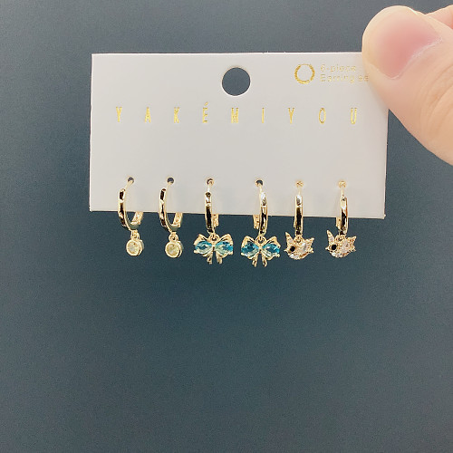 Cute Sweet Cartoon Bow Knot Copper Asymmetrical Three-dimensional Zircon 14K Gold Plated Drop Earrings