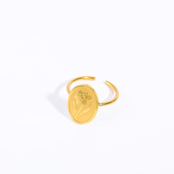 Wholesale Fashion Oval Flower Chrysanthemum Stainless Steel Gold Plated Open Ring
