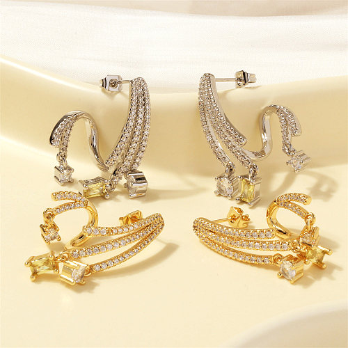 1 paire de boucles d'oreilles luxueuses et brillantes, incrustations de placage géométrique en cuivre et Zircon plaqué or 18 carats
