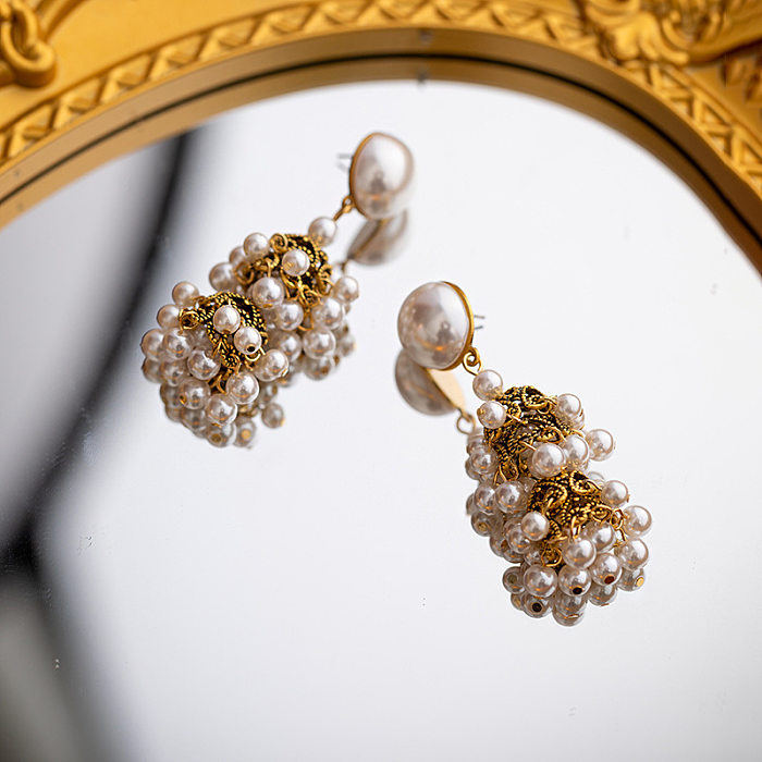 1 Pair Retro Geometric Imitation Pearl Copper Drop Earrings