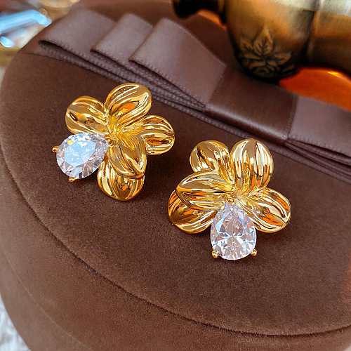 1 par de brincos de orelha de zircônia com chapeamento de cobre glam retrô flor