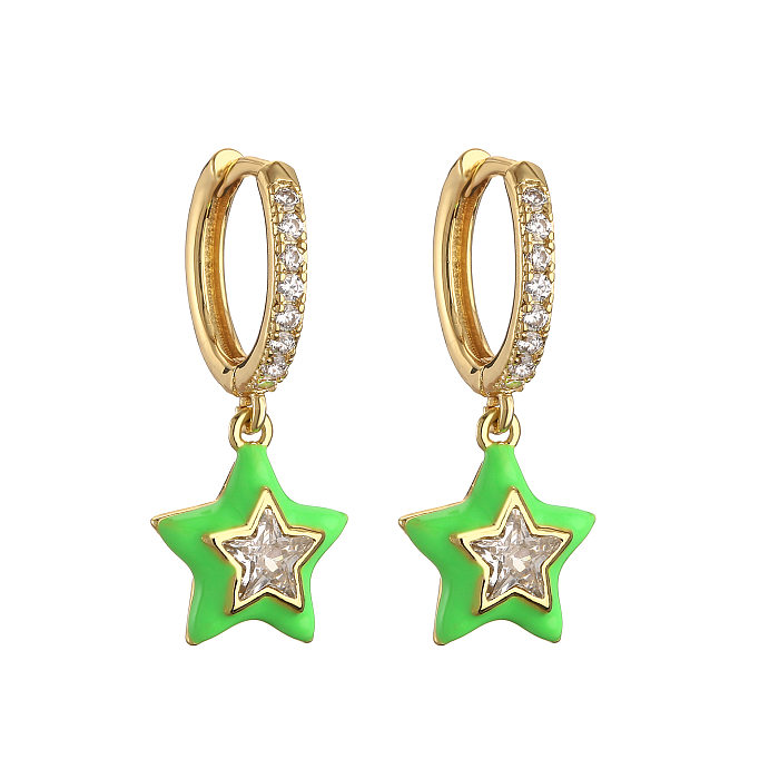 1 Pair Sweet Star Enamel Inlay Copper Zircon Earrings