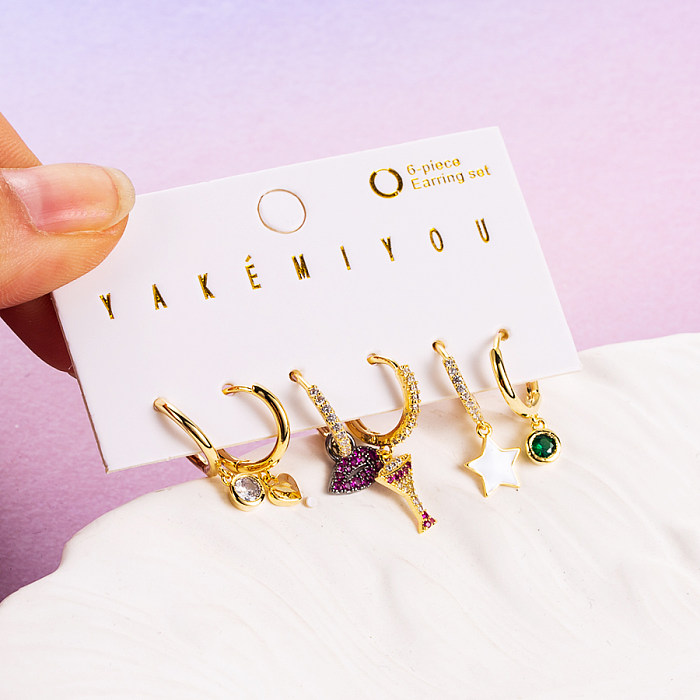 Elegant Heart Shape Key Lock Copper 14K Gold Plated Zircon Earrings In Bulk