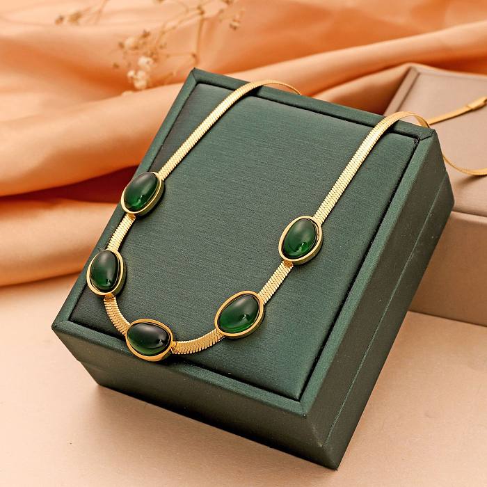 Fashion Oval Titanium Steel Plating Inlay Artificial Gemstones Bracelets Necklace 1 Piece