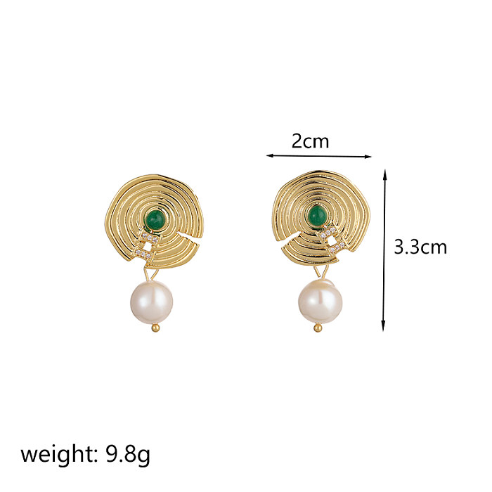 1 paire de boucles d'oreilles pendantes plaquées or 18 carats, Style classique rétro, incrustation de perles d'eau douce, résine de cuivre et Zircon