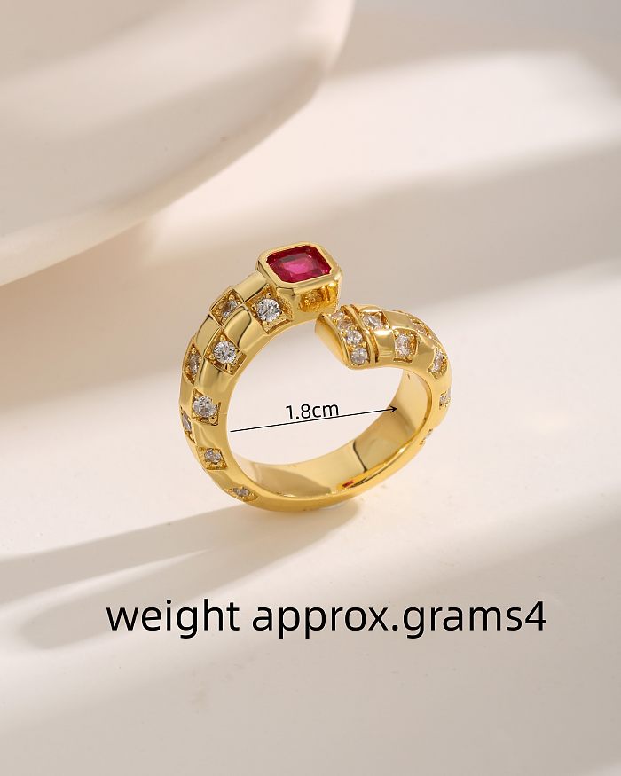 Luxuriöse, schlichte, künstlerische, quadratische Gitter-Verkupferungs-Inlay-Zirkon-, 18-Karat-vergoldete offene Ringe