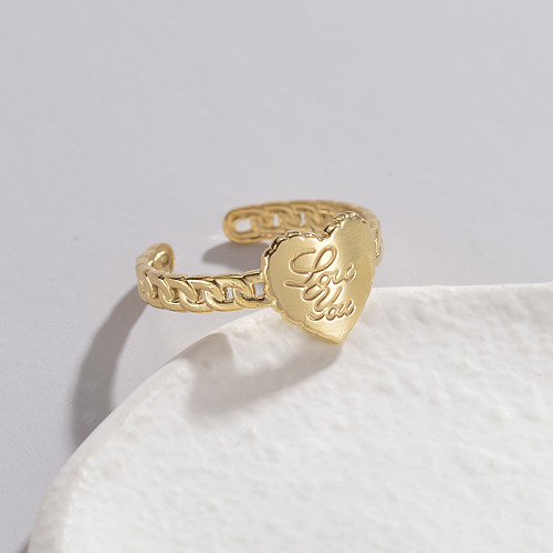 Anéis abertos banhados a ouro 14K em formato de coração com letras casuais de estilo simples a granel