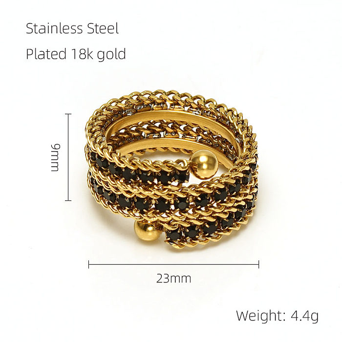 Anel de banda larga banhado a ouro 18K elegante com strass redondo e brilhante em aço inoxidável