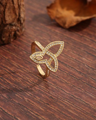 IG Style Modern Style Shamrock Copper Asymmetrical Plating Inlay Zircon 18K Gold Plated Rings