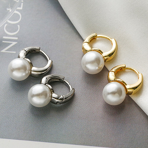 1 paire de boucles d'oreilles plaquées or blanc 18 carats, Style Simple, incrustation de placage géométrique, perles artificielles en cuivre