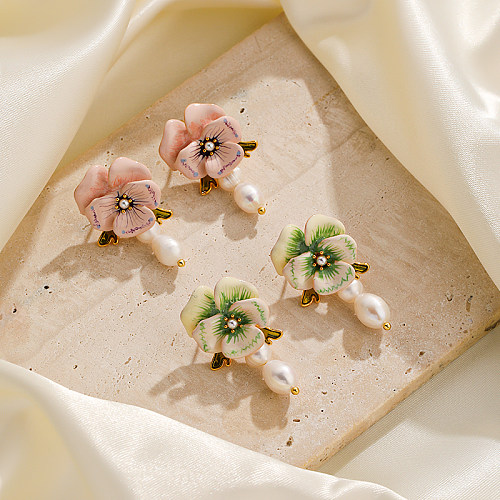 1 Paar elegante koreanische Blumen-Emaille-Überzug-Inlay-Kupfer-Kunstperlen, 18 Karat vergoldete Tropfenohrringe