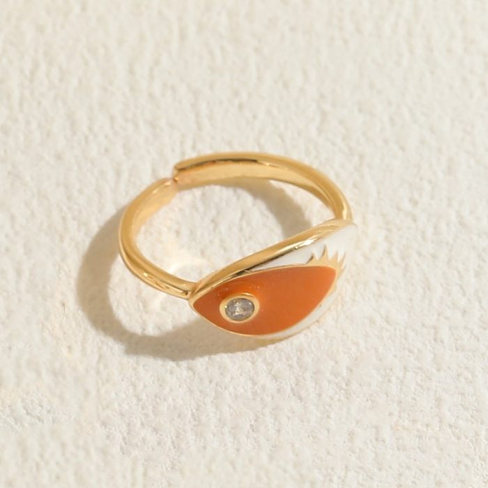 Luxuoso estilo clássico olho do diabo cobre esmaltado embutido zircão anéis abertos banhados a ouro 14K
