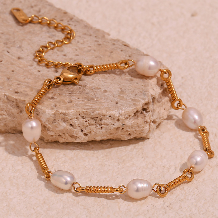 Basic Vintage Style Classic Style Solid Color Stainless Steel Beaded Plating 18K Gold Plated Bracelets Necklace
