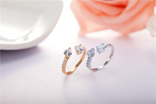 Anéis de zircão embutidos de cobre em forma de coração estilo clássico elegante