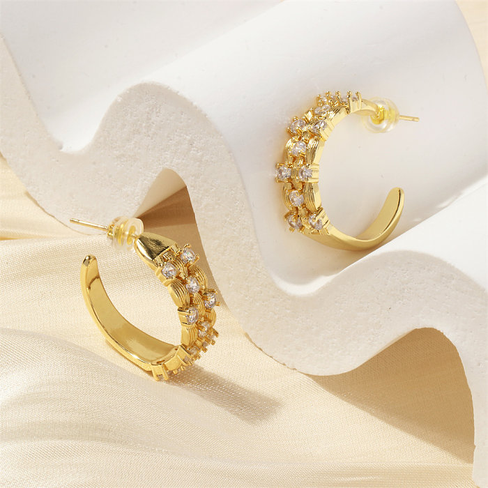 1 Pair Retro Simple Style C Shape Plating Inlay Copper Zircon 18K Gold Plated Ear Studs