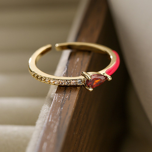 Simple Style Water Droplets Copper Enamel Plating Inlay Zircon 18K Gold Plated Open Ring
