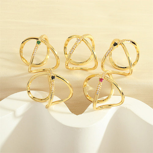 Linhas transversais de estilo simples anéis abertos banhados a ouro do zircão 18K do embutimento do chapeamento de cobre