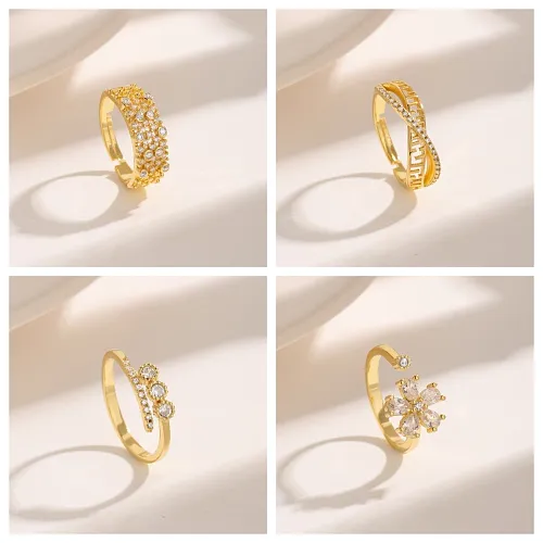 Simple Style Commute Flower Copper Criss Cross Plating Inlay Zircon 18K Gold Plated Open Rings
